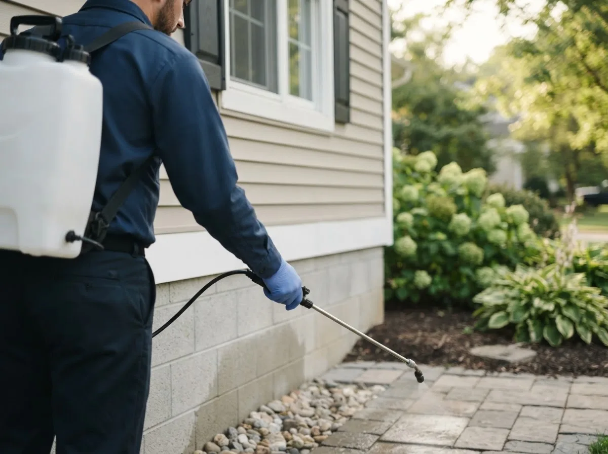Pest control technician inspecting a home in Melvin, TX